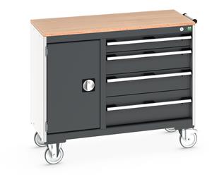 Bott Cubio Mobile Cabinet / Maintenance Trolley measuring 1050mm wide x 525mm deep x 890mm high. Storage comprises of 1 x Cupboard (400mm wide x 600mm high) and 4 x 650mm wide Drawers (1 x 100mm, 2 x 150mm & 1 x 200mm high).... Bott MobileIndustrial Tool Storage Trolleys 1050mm x 525mm
